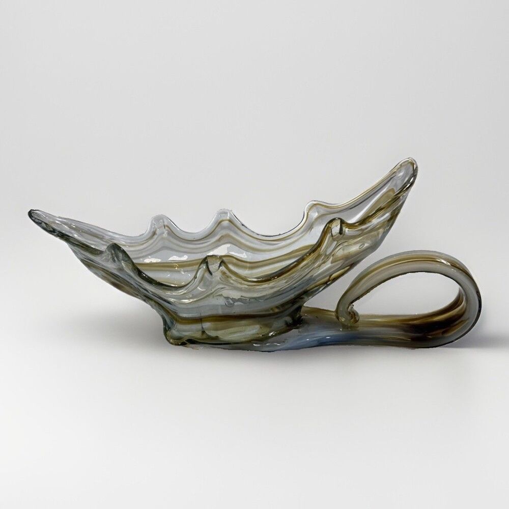 Vintage Italian Murano Style Art Glass Bowl Centerpiece Scalloped Brown Beige